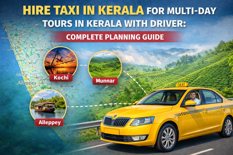 Yellow taxi with driver on a scenic Kerala road showing tour destinations including Kochi, Munnar, and Alleppey connected on a travel route map.