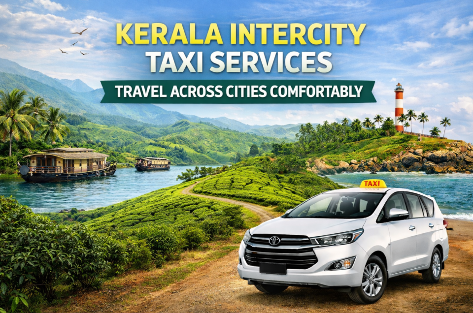 White taxi parked on a scenic Kerala hillside with tea plantations, houseboats on the river, and a lighthouse in the background under a clear blue sky.