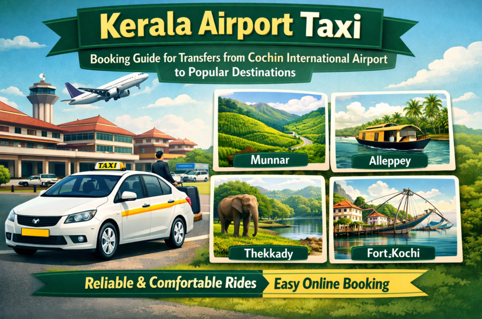 Kerala Airport Taxi booking guide showing transfers from Cochin International Airport to Munnar, Alleppey, Thekkady, and Fort Kochi with taxi service illustration.