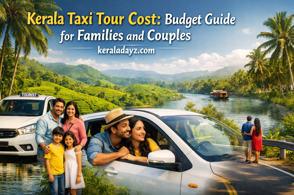 Kerala taxi tour cost guide showing families and couples traveling by taxi through scenic Kerala backwaters and hill roads.