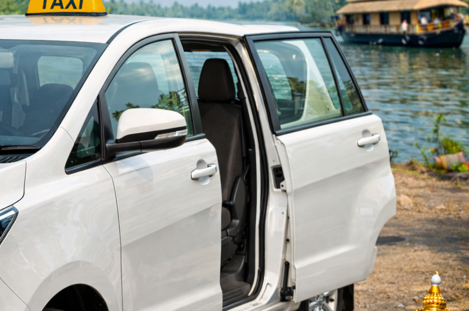 White Toyota Innova Kerala taxi parked near the backwaters with a yellow taxi sign, houseboat, Chinese fishing nets, coconut drink, and Kathakali art in the foreground.