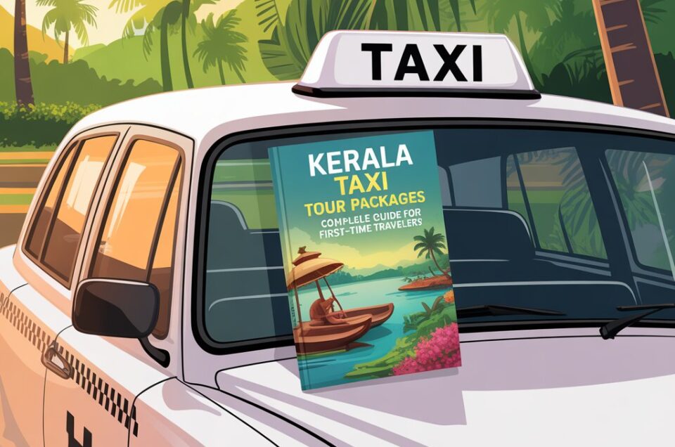 Kerala taxi tour package car with scenic backwater, palm trees, and travel elements showcasing a comfortable journey for tourists.