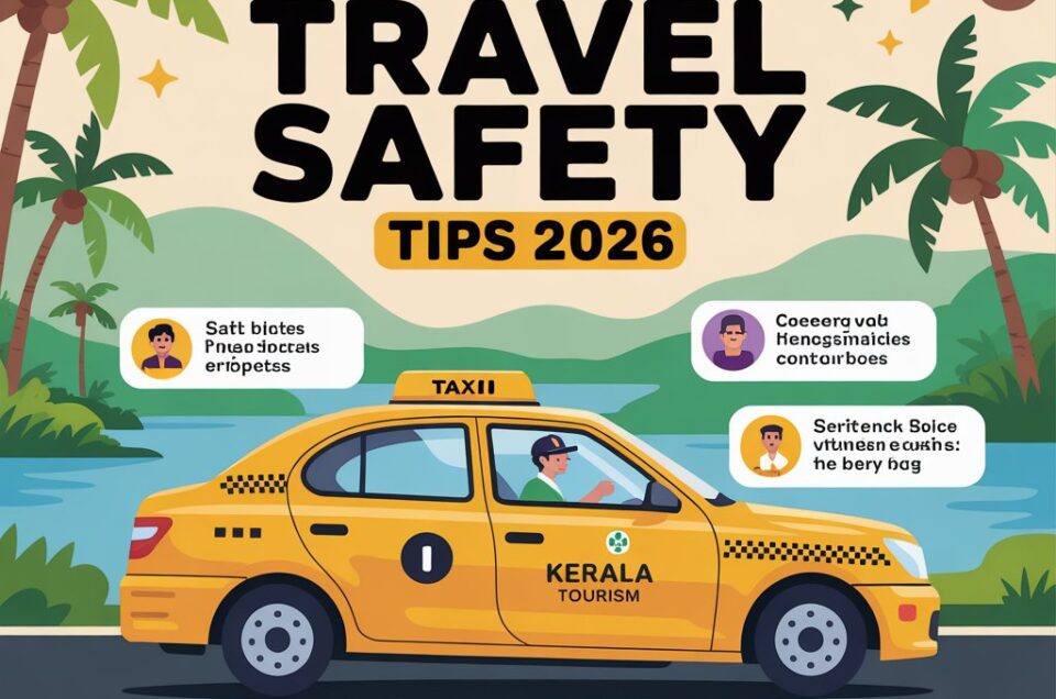 Kerala Travel Safety Tips 2026 poster featuring a yellow taxi with driver and safety icons set against a Kerala backwater landscape.