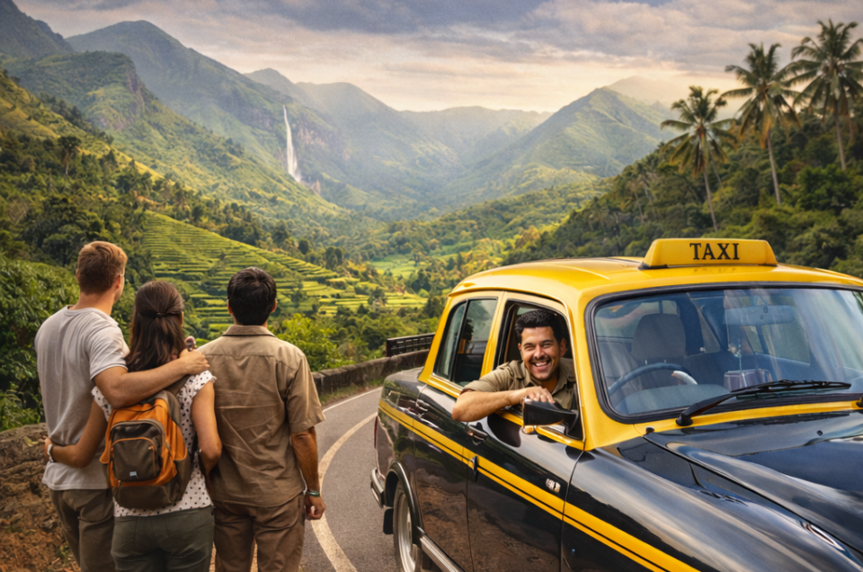 Taxi traveling through scenic Kerala road with palm trees, backwaters, and tourists enjoying the journey