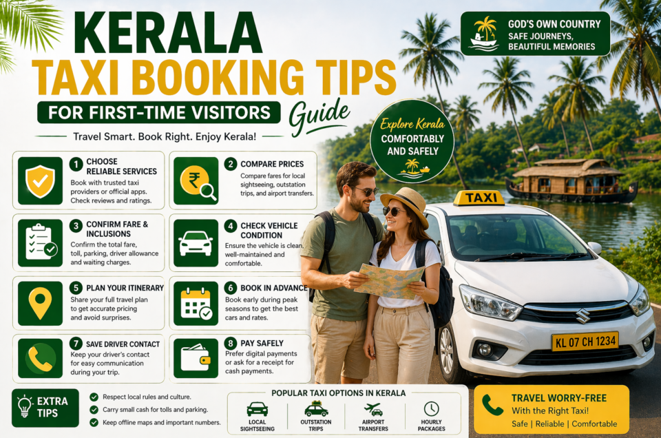 First-time tourist booking taxi in Kerala with scenic backwaters, airport pickup, and travel assistance