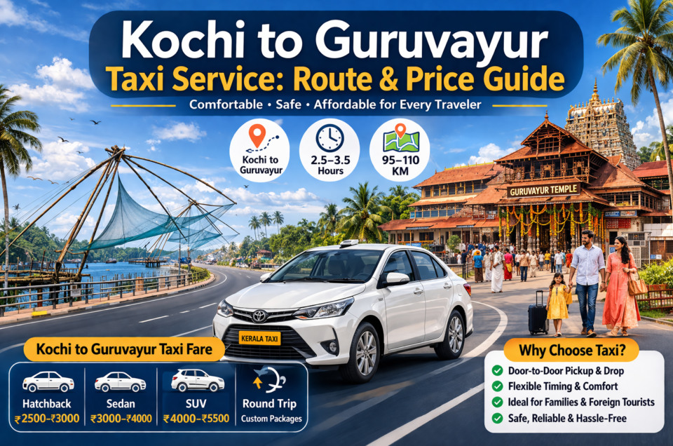 Kochi to Guruvayur taxi service route with car travel through Kerala roads and scenic views
