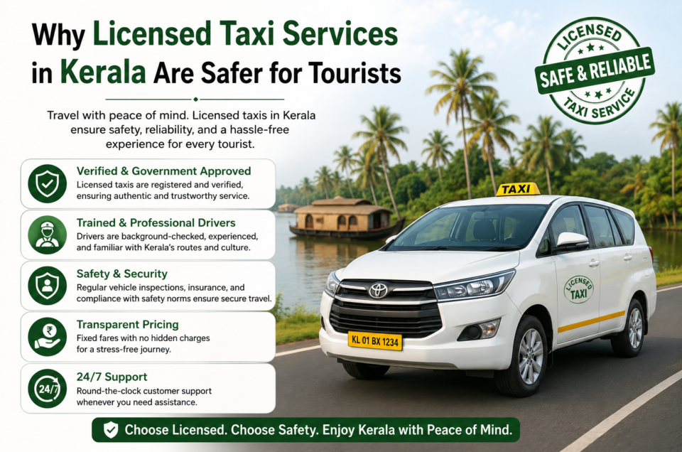 Licensed Kerala taxi parked near a scenic tourist destination with travelers safely boarding, representing safe and reliable taxi services in Kerala for tourists.