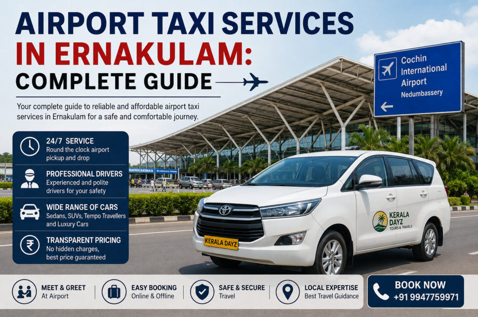 Professional airport taxi service in Ernakulam with a modern cab parked near Cochin International Airport and travelers with luggage ready for Kerala travel.