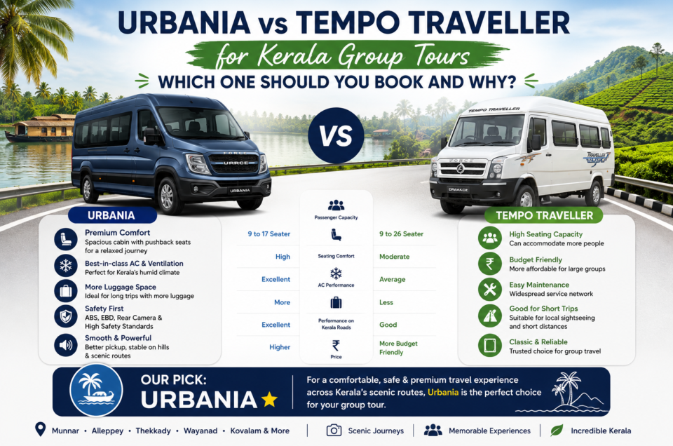 Urbania vs Tempo Traveller for Kerala group tours with scenic Kerala backwaters and tea plantation background