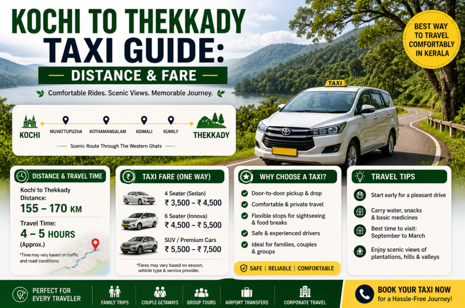 Kochi to Thekkady taxi guide scenic hill road journey Kerala distance fare travel route