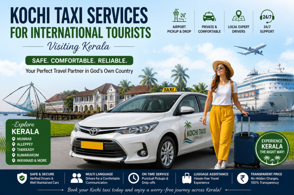 International tourists using Kochi taxi services for comfortable travel across Kerala tourist destinations