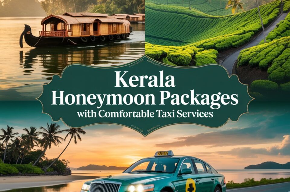 Romantic Kerala honeymoon couple traveling comfortably in a private taxi through scenic backwaters, tea plantations, and hill stations during a relaxing honeymoon trip.
