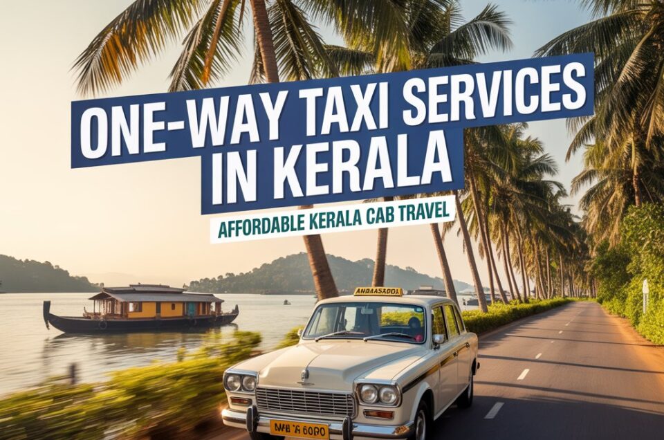 Modern Kerala travel-themed illustration featuring a tourist taxi driving through scenic backwaters, hills, and palm trees representing affordable one-way cab travel in Kerala.