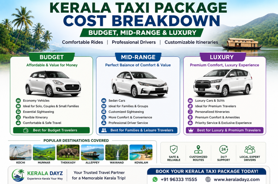 Kerala taxi package travel concept featuring budget, mid-range, and luxury transportation options connecting popular destinations across Kerala, including hill stations, backwaters, beaches, and cultural attractions.