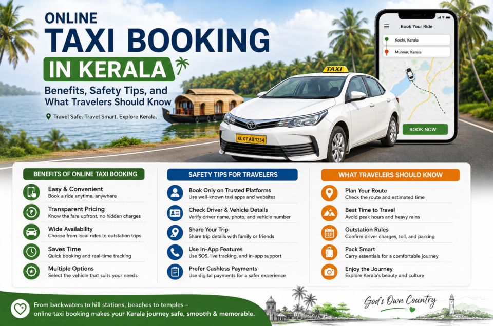 Online taxi booking in Kerala showing a taxi, mobile booking app, Kerala backwaters, and travel safety tips for tourists and local travelers.